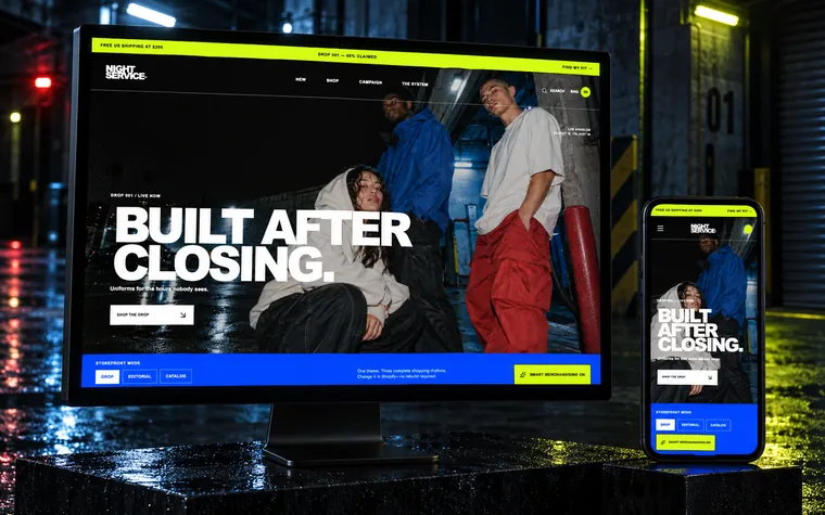 The AFTERIMAGE storefront on a monitor and a phone, running the NIGHT SERVICE demo brand.