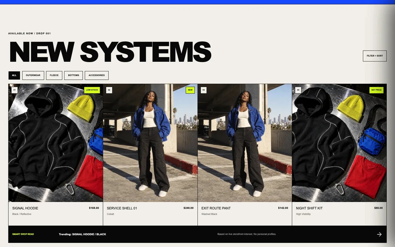 The AFTERIMAGE shop page: a filtered product grid with configurable card shape and density.
