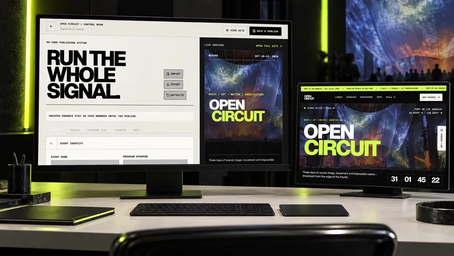 The OPEN CIRCUIT Control Room: a no-code editor with Identity, Visual, Programme, Tickets and Info tabs beside a live preview of the public site.