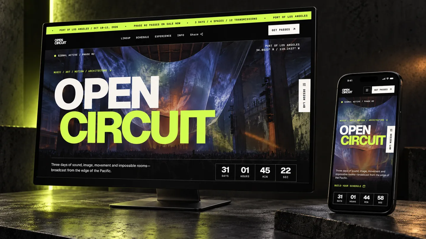 The OPEN CIRCUIT event site on a desktop monitor and a phone, showing a countdown of 31 days to a three-day programme.